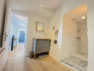 a bathroom with a walk in shower and a sink at ⁂ Cocon ensoleillé proche de la plage in Nice