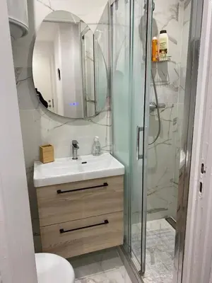 a bathroom with a sink and a shower with a mirror at Plage et Salsa, Nice Promenade des anglais in Nice