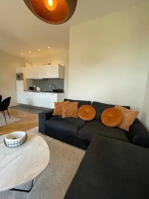 a living room with a black couch and a table at Villa Katerina - Luxury Apartment in Nice