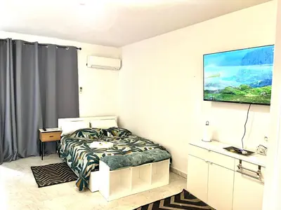 a bedroom with a bed and a tv on the wall at Studio Californie in Nice