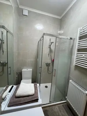 a bathroom with a glass shower and a toilet at Superbe appart près de la mer in Nice