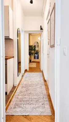 a hallway with white walls and a rug on the floor at Carre d'OR Massena luxury apartment in Nice