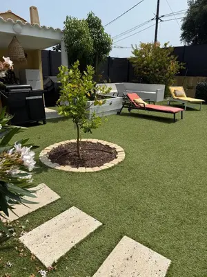 a garden with a tree in the middle of a yard at Charmant appartement, piscine 15 min de Nice in Carros