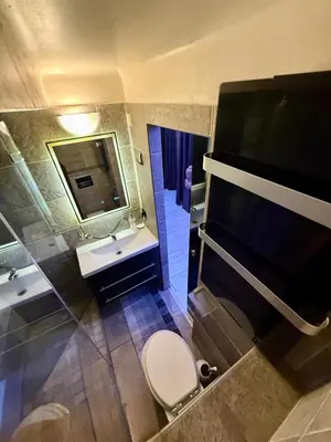 a bathroom with a toilet and a sink and a mirror at Beautiful apartament 2 pièce Nice center in Nice