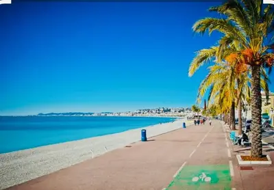 a beach with palm trees and the ocean at Duplex Place Massena in Nice