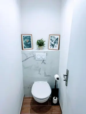 a bathroom with a toilet with two pictures on the wall at Studio avec balnéo proche plage in Nice