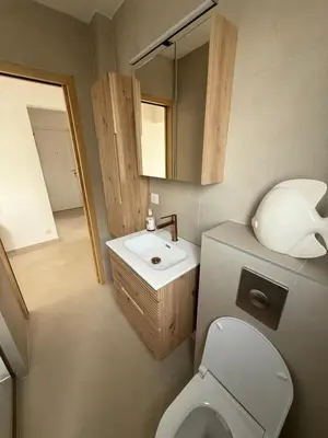 a bathroom with a toilet and a sink and a mirror at Le Cormoran bord de mer in Saint-Laurent-du-Var