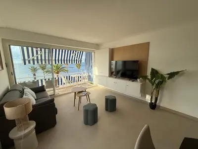 a living room with a couch and a television at Le Cormoran bord de mer in Saint-Laurent-du-Var