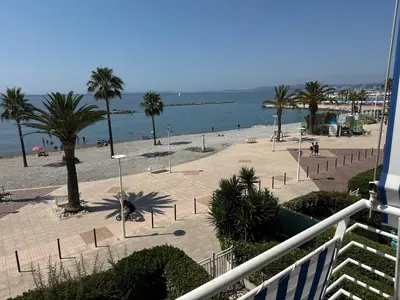 a view of a beach with palm trees and the ocean at Le Cormoran bord de mer in Saint-Laurent-du-Var