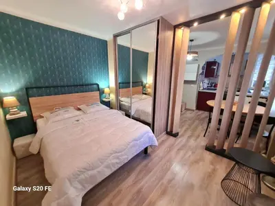 a bedroom with a large bed and a mirror at Cosy one bedroom apartment to Nice in Nice