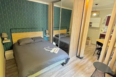 a bedroom with a bed and a mirror at Cosy one bedroom apartment to Nice in Nice