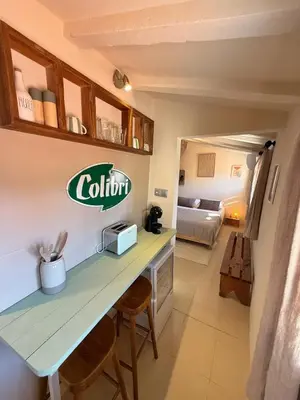 a kitchen with a counter and a room with a bed at Studio Place Rossetti - Old Nice Center in Nice