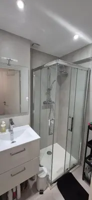 a bathroom with a shower and a white sink at chambre privé chez l'habitant avec salle de bain privative in Nice