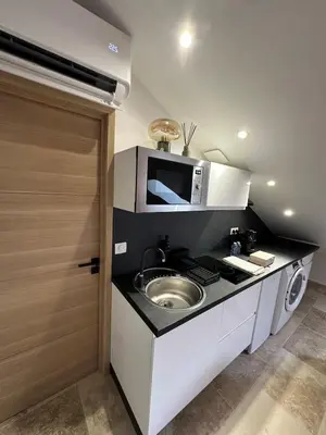 a kitchen with a sink and a microwave at Le Notre Dame in Nice