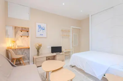 a white bedroom with a bed and a tv at Fontaine de la Ville in Nice