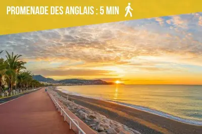 a picture of a beach at sunset with the words promote des angels at Charmant studio près de la plage et la Promenade des Anglais in Nice
