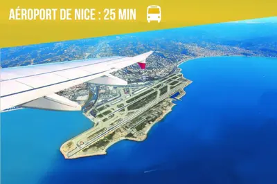 a view of a city from the wing of an airplane at Charmant studio près de la plage et la Promenade des Anglais in Nice