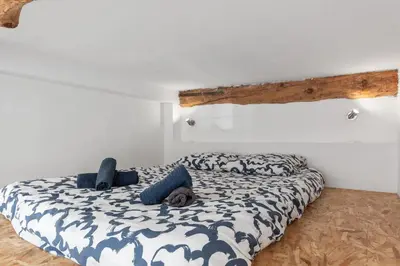 a bedroom with a bed with a dog laying on it at Le Garibaldi - City centre - Bright - AC in Nice