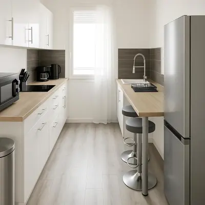 a white kitchen with a sink and a refrigerator at Beau T3 tout équipé avec grand écran et Wi-Fi performant in Nice