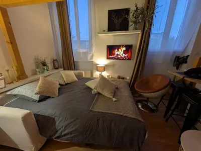 a bedroom with a large bed with a fireplace on the wall at Palais des arts in Nice