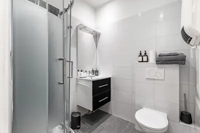 a white bathroom with a toilet and a shower at Nice Renting - GALLO - New Modern Loft Old Town Massena in Nice