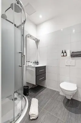 a white bathroom with a shower and a toilet at Nice Renting - GALLO - New Modern Loft Old Town Massena in Nice