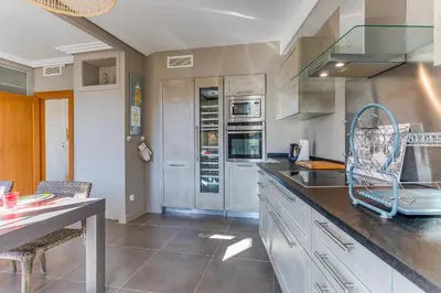 a kitchen with stainless steel appliances and a counter at VUE MAGENTA AP4484 by Riviera Holiday Homes in Nice