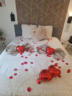 a bed with red hearts on top of it at Apartsuite jardin Nice cap 3000 bord de mer in Saint-Laurent-du-Var