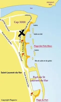 a map of the beach with a plane at Apartsuite jardin Nice cap 3000 bord de mer in Saint-Laurent-du-Var
