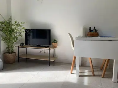 a living room with a tv and a table with a chair at Élégant T2 au calme in Nice