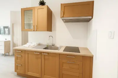 a kitchen with wooden cabinets and a sink at Stella Monte 1 AC WiFi 4 Pers in Nice