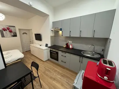 a small kitchen with a sink and a room at Au cœur du Vieux Nice, superbe studio refait à neuf in Nice