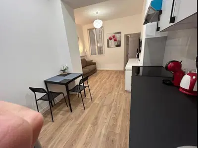 a kitchen and a living room with a table and a kitchen and a living room at Au cœur du Vieux Nice, superbe studio refait à neuf in Nice