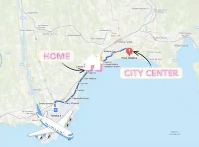a map of a city center with a plane at Charmant studio sur la Promenade des Anglais in Nice