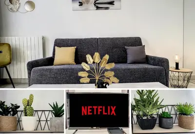 a living room with a couch and a tv with the text netflix at Nestor&Jeeves - CITRONNIER AZUR - Central - Close sea in Nice