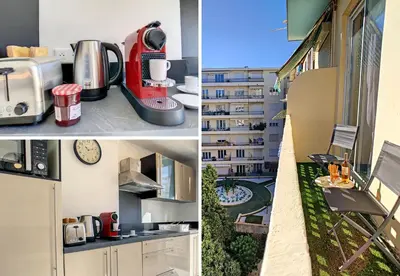 two pictures of a kitchen with appliances and a building at Nestor&Jeeves - CITRONNIER AZUR - Central - Close sea in Nice