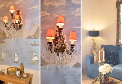 three pictures of a living room with a blue couch and a chandelier at Nestor&Jeeves - PALAIS ALICE - Central - Near Beach in Nice