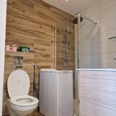 a bathroom with a toilet and a shower at F1 cap 3000 in Saint-Laurent-du-Var