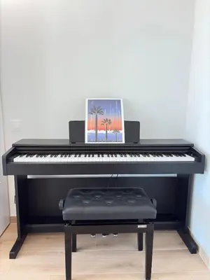 a black piano with a picture of a palm tree at Seaside Azur in Saint-Laurent-du-Var