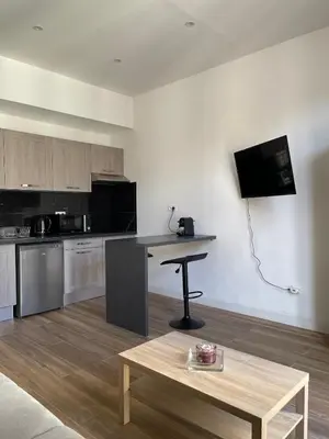 a living room with a table and a kitchen at Jolie studio in Nice
