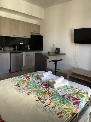 a bedroom with a large bed in a kitchen at Jolie studio in Nice