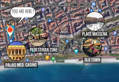 a map of a city with different places on it at Nestor&Jeeves - URBAN SUN - Central - Close sea in Nice