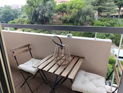 a basket sitting on a bench on a balcony at Breathtaking panoramic view of Nice ! in Nice