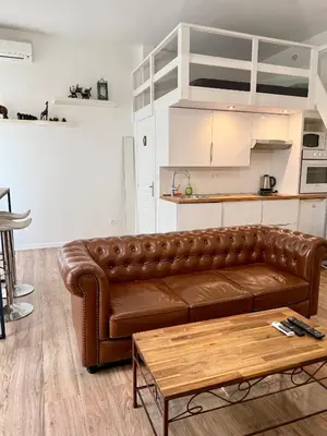 a living room with a brown leather couch and a table at Appartement central in Nice