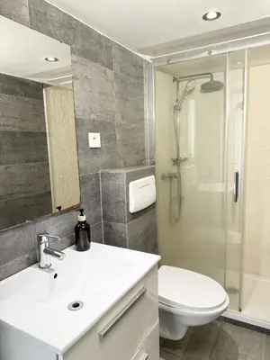 a bathroom with a sink and a toilet and a shower at Appartement central in Nice