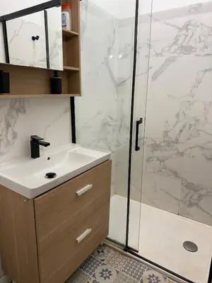 a bathroom with a sink and a shower at Deux pièces Libération - Balcon in Nice