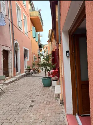 an alley with a potted tree in a pot at Morning Coffee & Cobblestones - A True French Village Stay in Villefranche-sur-Mer