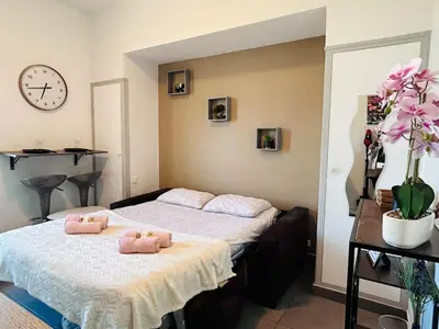 a bedroom with a bed with two pink towels on it at Studio Rénové et Meublé Le Cœur de Nice à Vos Pieds in Nice