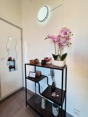 a shelf with flowers and a mirror on a wall at Studio Rénové et Meublé Le Cœur de Nice à Vos Pieds in Nice