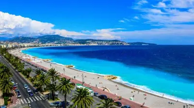 a view of a beach with palm trees and the ocean at studette a coté de la mer et la promenade in Nice